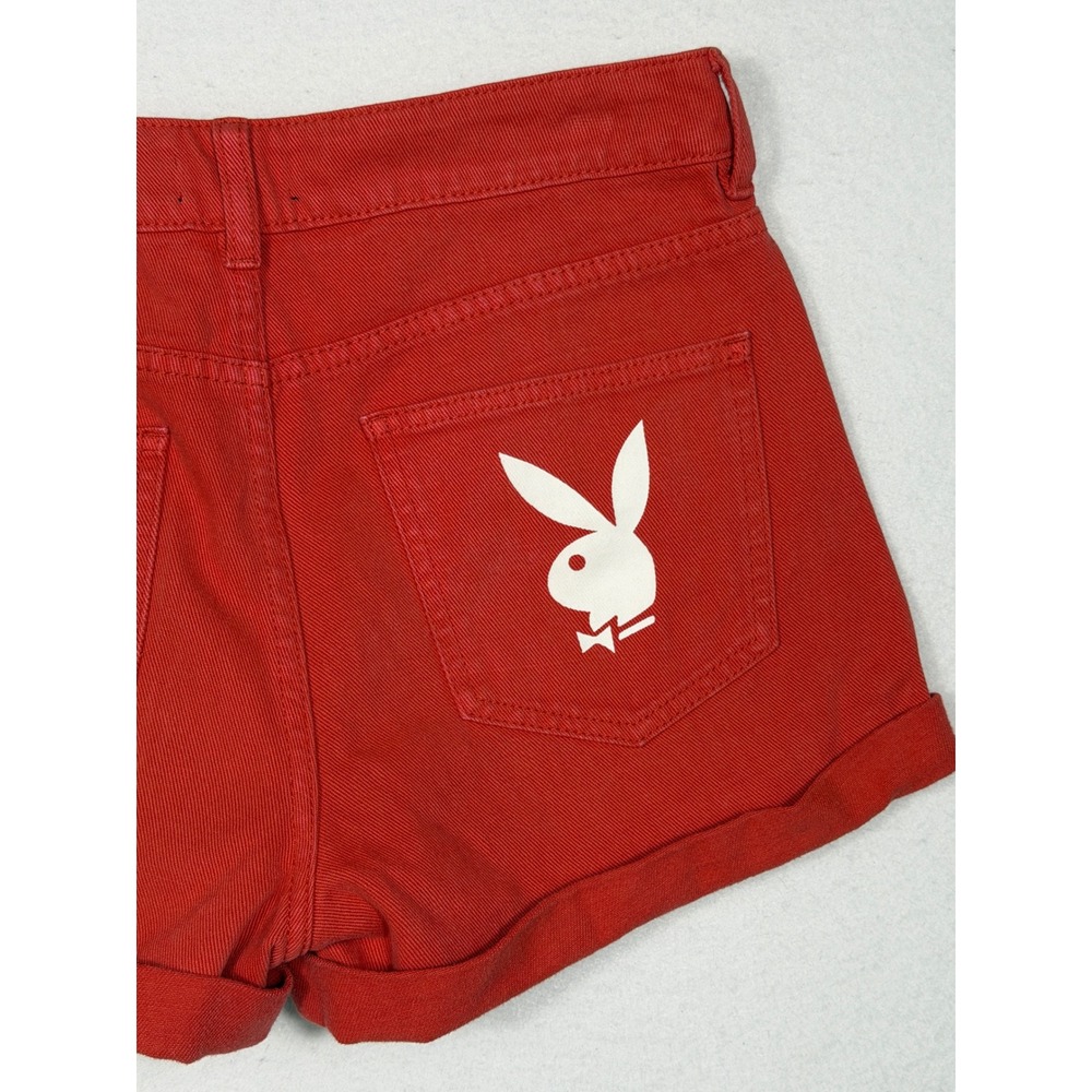 Playboy PacSun Denim Shorts Women 27 Red High Waisted‎ Bunny Logo Cuffed Y2K